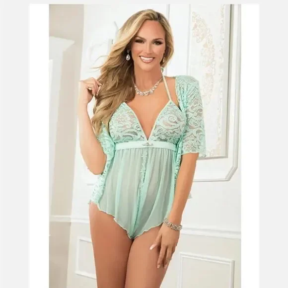 2 Pc Romper With Open Crotch Snaps and Lace Robe - One Size - Mint
